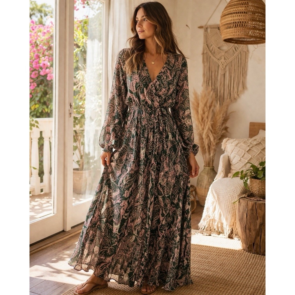 Women's Paisley Boho Wrap Maxi Dress Mulitcolor Long Sleeve Festival Resort Flow